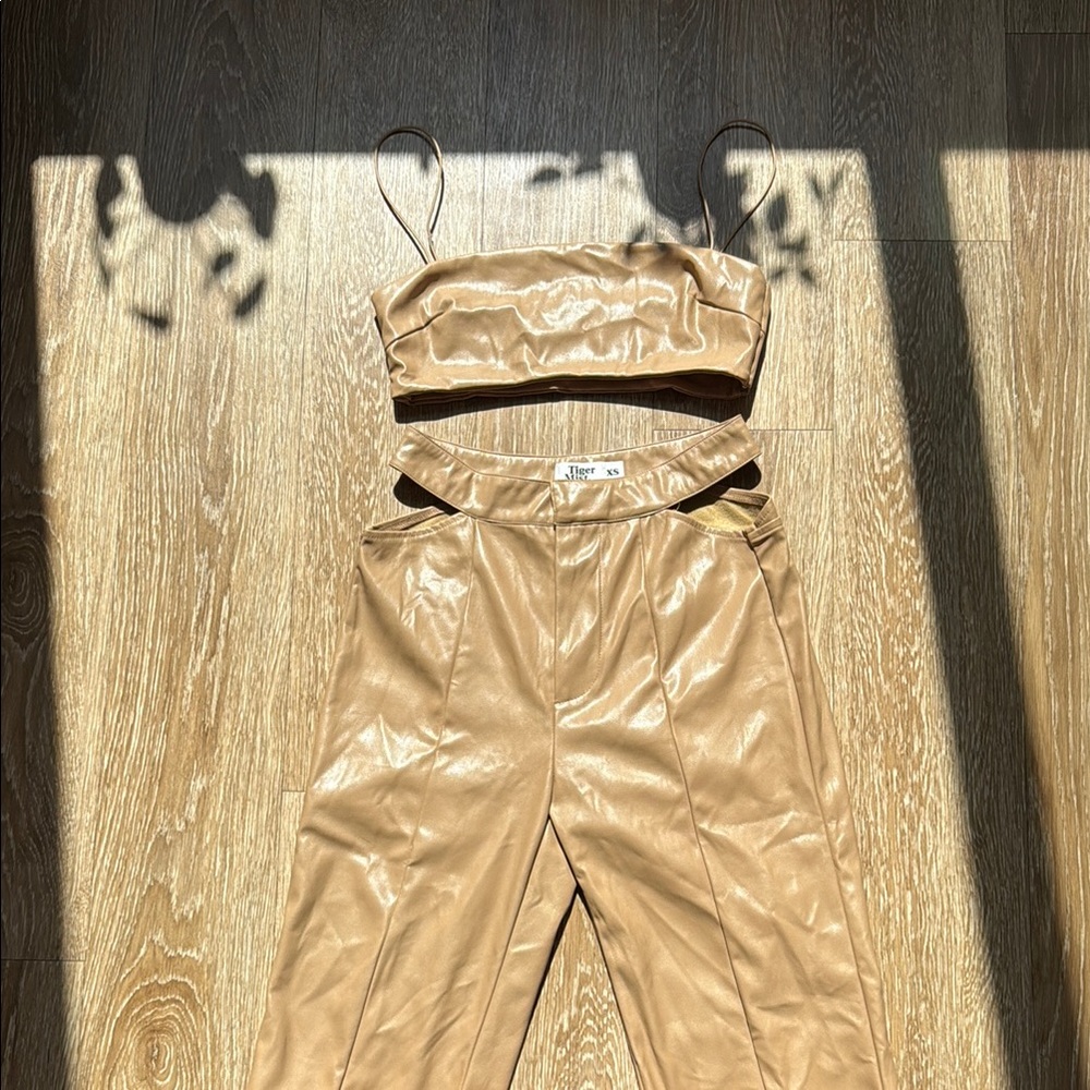 Tiger Mist Tan Jumpsuit Elegant Satin Finish